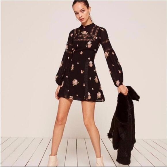 Reformation Dresses & Skirts - Reformation Sachi Dress Aphrodite Floral Black Long Sleeve Mini Party Size 0